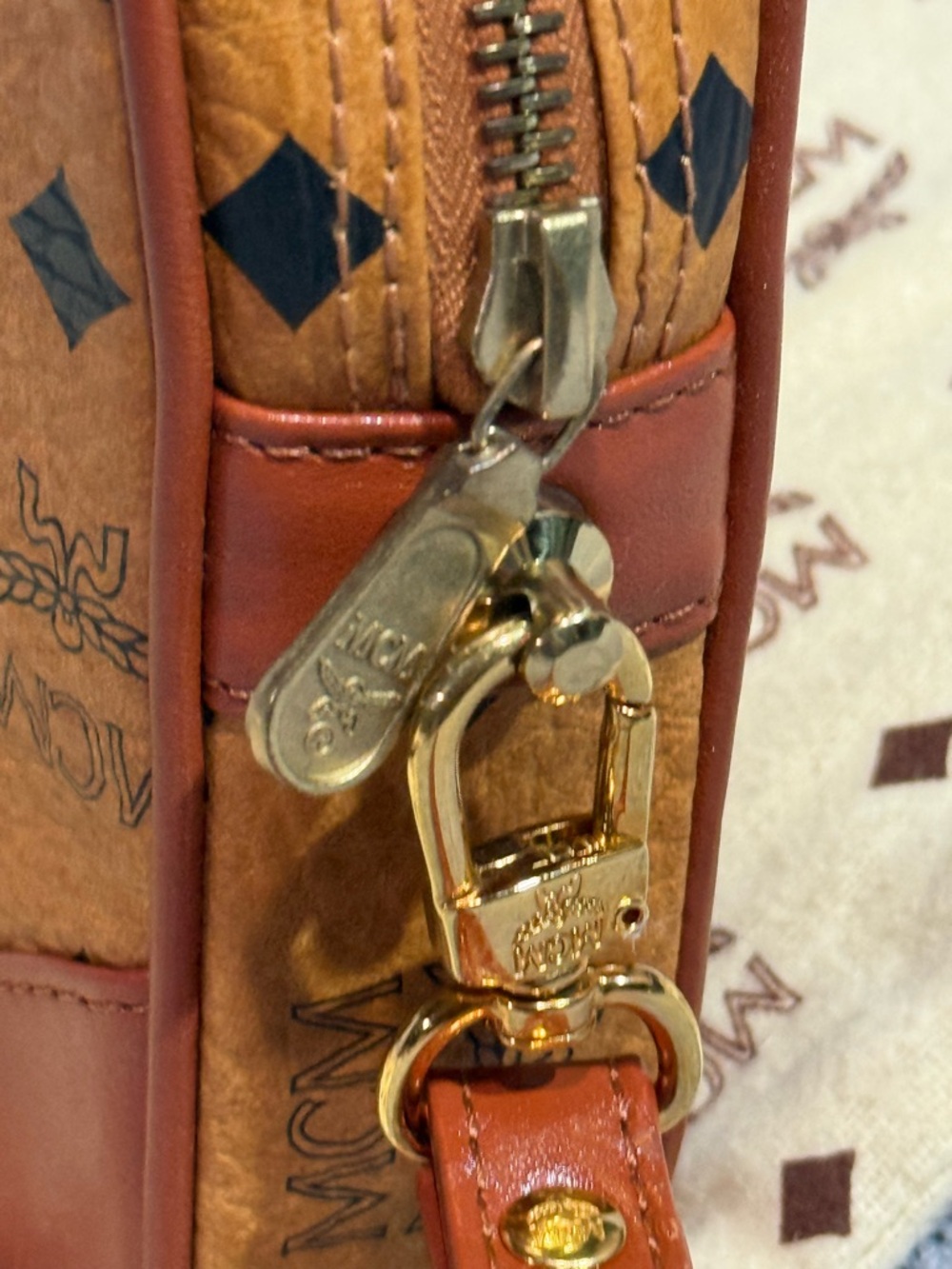 MCM Cognac and Navy Visetos Logo Zip Wristlet with Gold Hardware - Picture 3 of 9